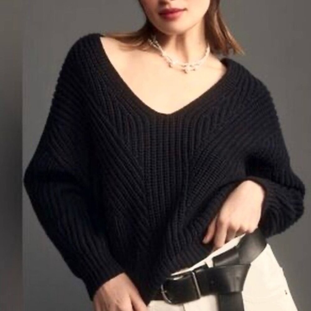 Maeve by Anthropology V-Neck Sculptured Pullover Sweater